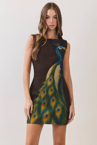CD07499-Peacock Print Mini Dress: CHOCOLATE / L