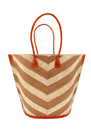 Santa Cruz Wide Stripe Chevron Large Straw Tote Bag: Cappuccino Two Tone