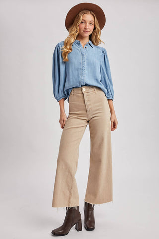 DENIM BUTTON DOWN PUFF SLEEVED SHIRT: LT.WASH / L
