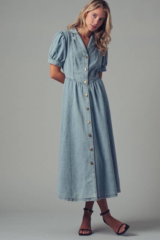 Lydia Button-Down Puff Sleeve Denim Dress