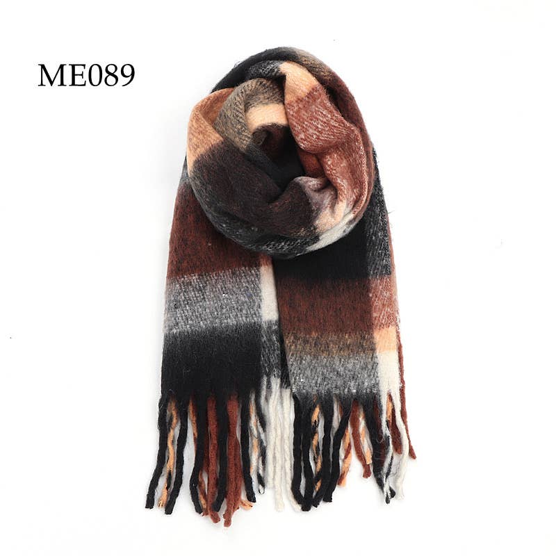 Soft Chunky Oblong Multi Color Plaid Fleece Scarf: Brown/Black