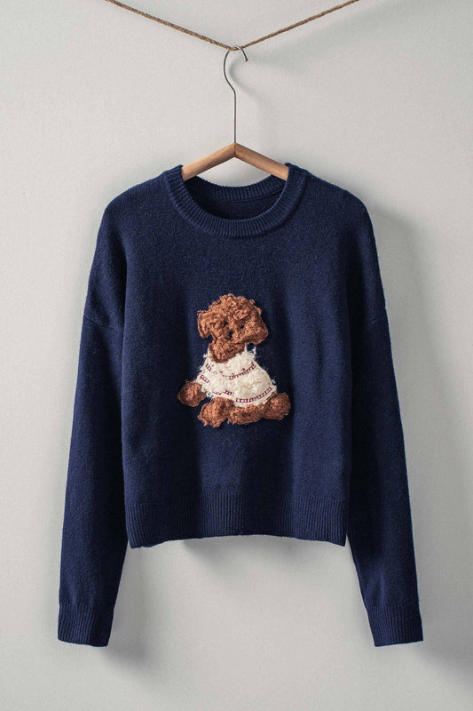 Whimsical Puppy Applique Knit Sweater: NAVY / S/M-3:M/L-3