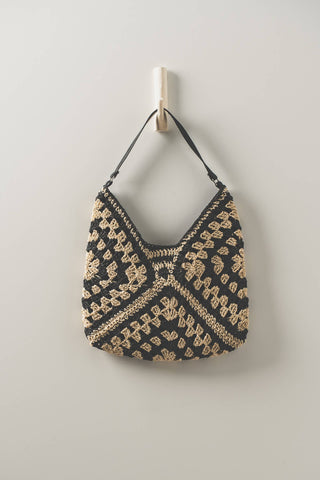Diamond Pattern Crochet Hobo Bag with Leather Strap: TAUPE