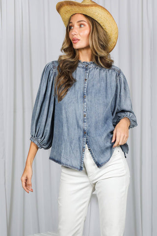 Ruffle Neck 100% Tencel Chambray Washed Denim Shirt VT83327: Washed Denim / L