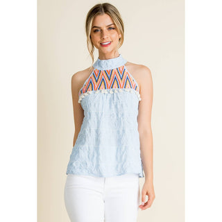 Embroidered Gingham Print Halter Top