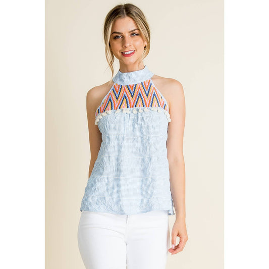 Embroidered Gingham Print Halter Top