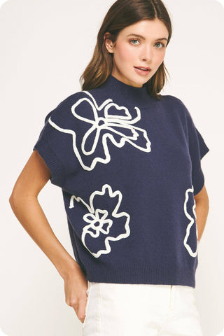 Claire Floral Embroidered Knit Top: Navy
