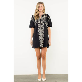 Amelia Embroidered Puff Sleeve V-Neck Dress: Black