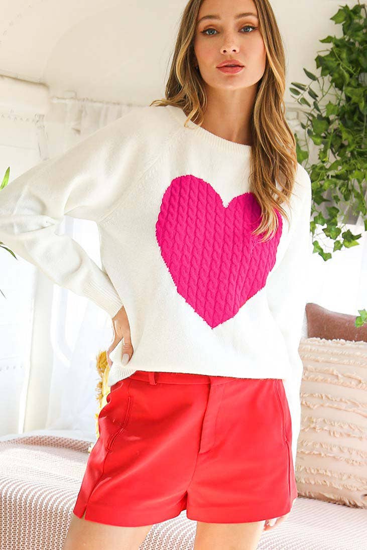 Heart Design Cable Detail Knitted Sweater Top White/Red