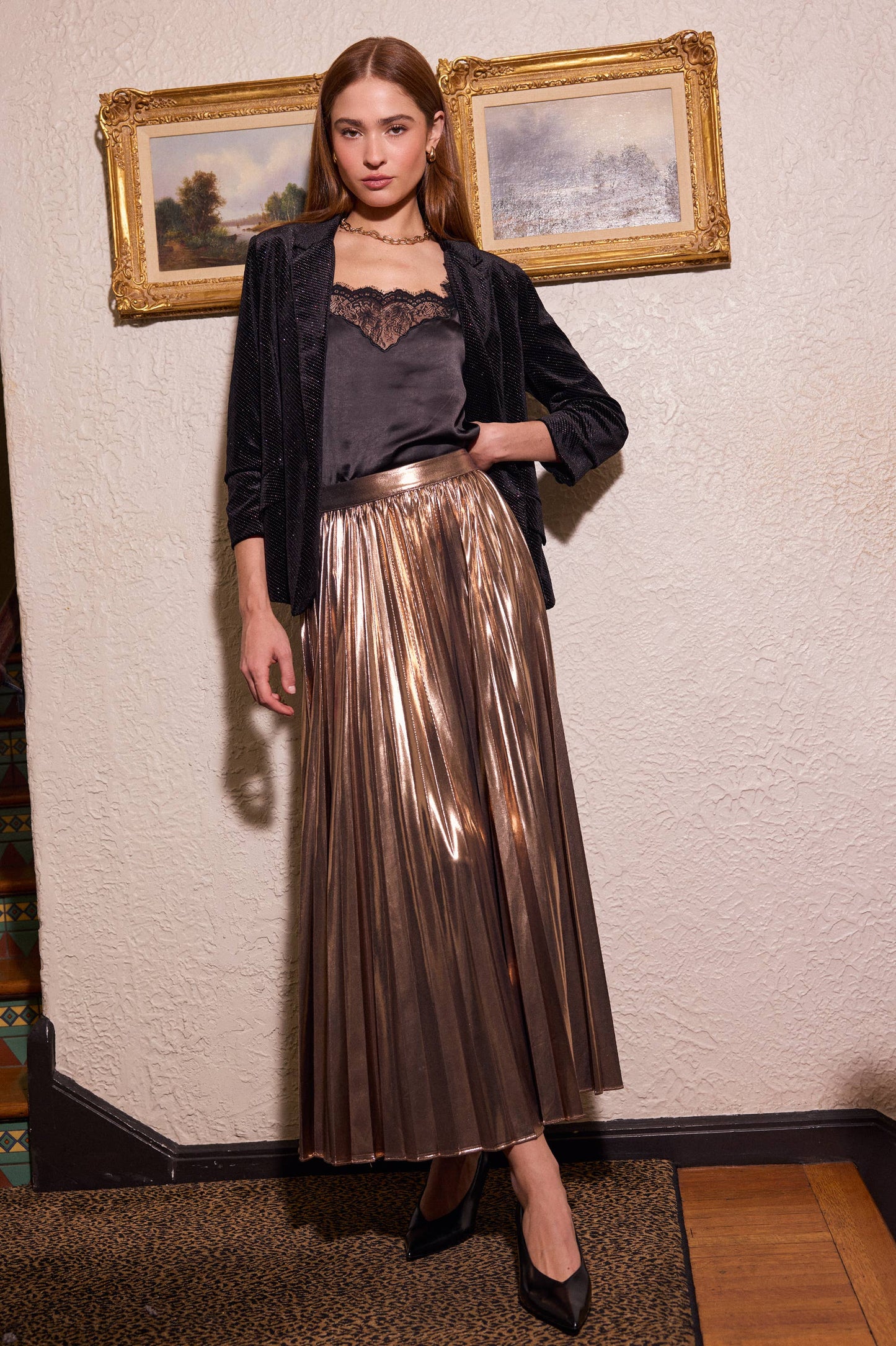 Metallic Pleated Maxi Skirt: Bronze / S