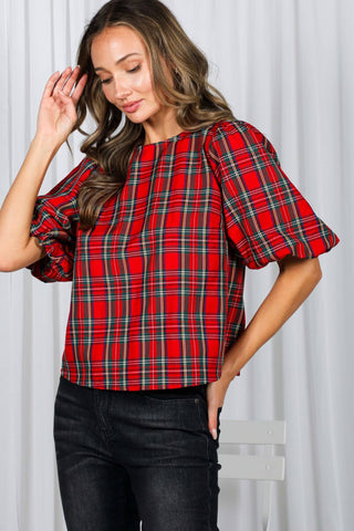 V-Back 2 Bow Accent Feminine Plaid Blouse Top VT82621A: Hunter Green / M
