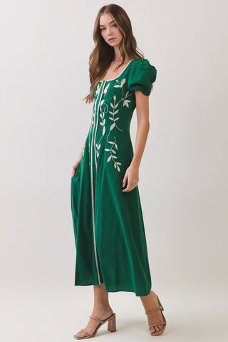 CD07454-Embroidered Puff Sleeve Midi Dress: Green / S