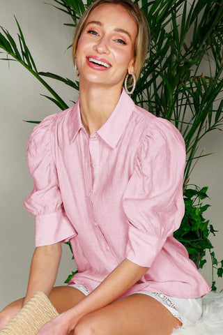 Collared Neckline Puff Short-Sleeve Blouse Top VT81707C: Taupe / S