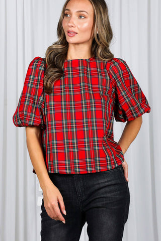 V-Back 2 Bow Accent Feminine Plaid Blouse Top VT82621A: Hunter Green / M