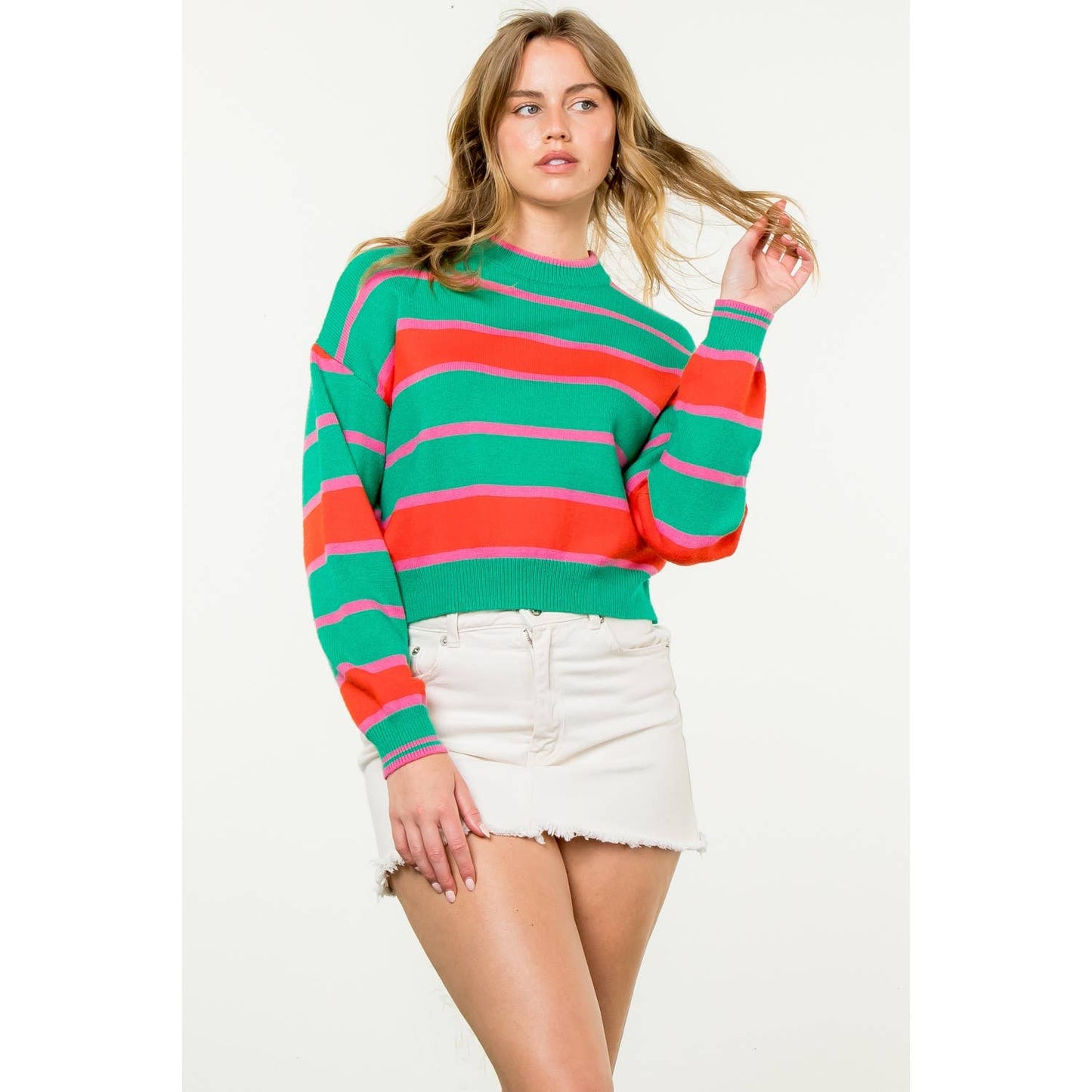 Striped Pattern Knit Sweater: GREEN