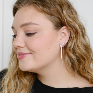 Silver Long Crystal Bow Drop Studs: Silver
