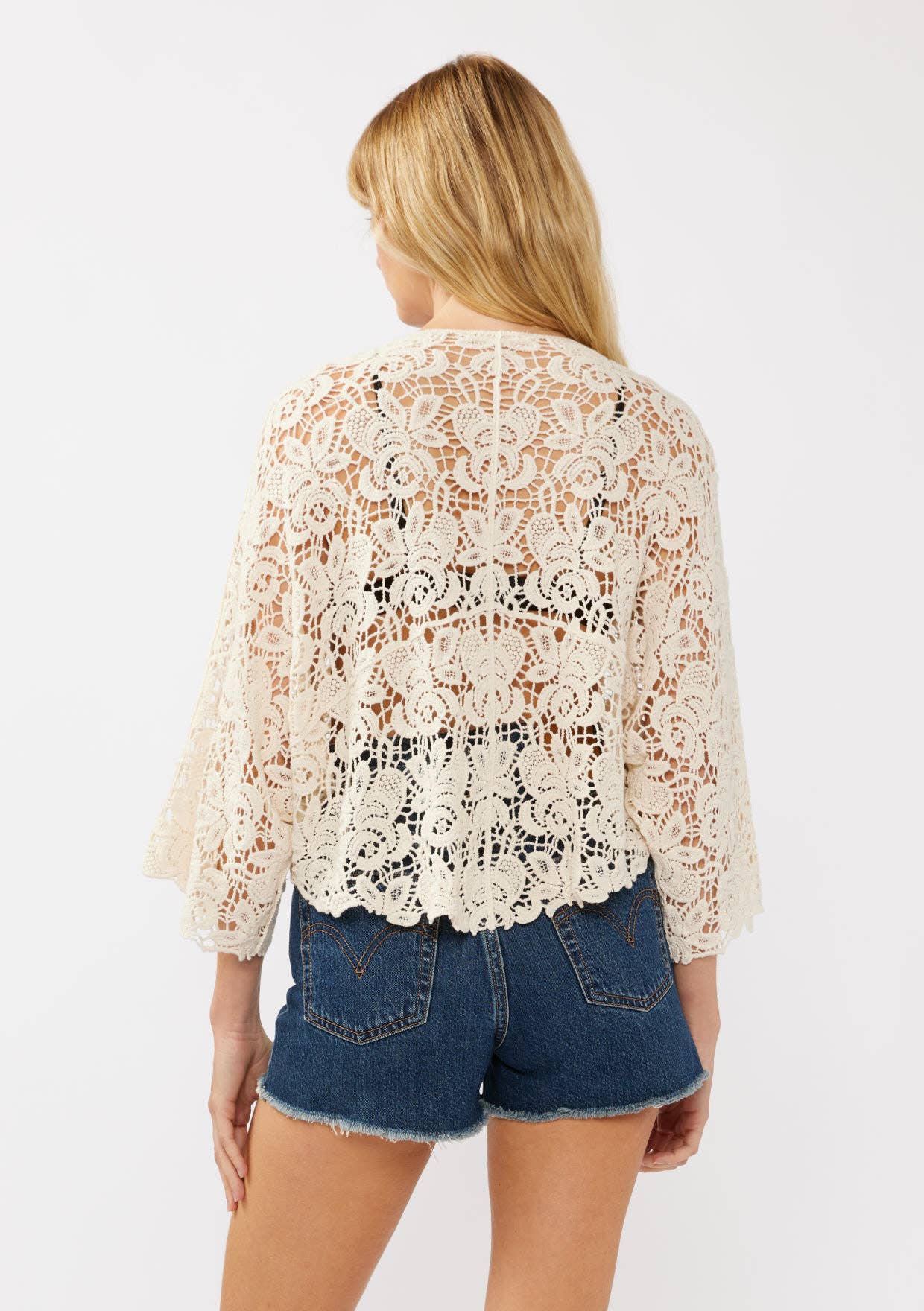 Floral Tie-Front Crochet Kimono Cover Up