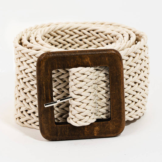 Wooden Square Buckle Braided Belt: Ivory