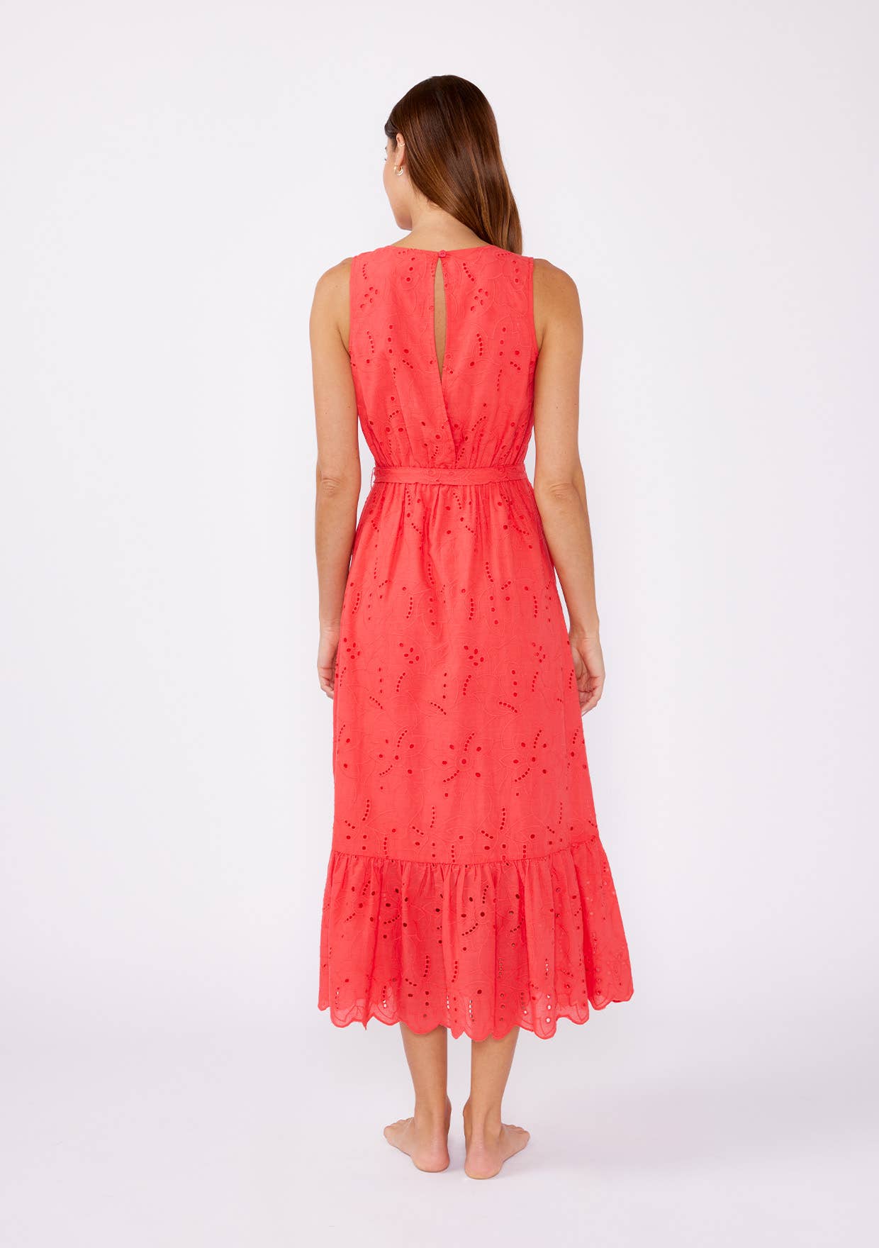 V-Neck Eyelet Midi Dress with Waist Belt: Coral