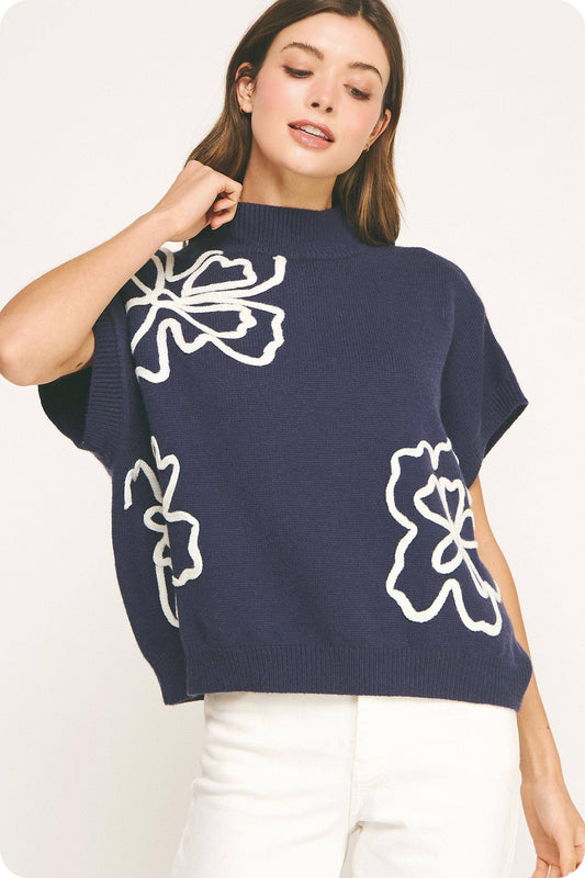 Claire Floral Embroidered Knit Top: Navy