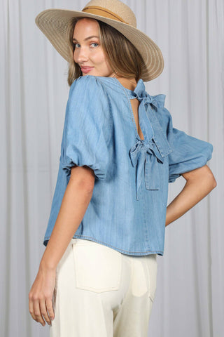 Back Bow Accent Feminine100%Tencel Chambray Top VT82621B: Light Denim / L