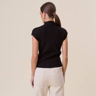AT3135 Button mockneck short sleeve knit top: BLACK / L