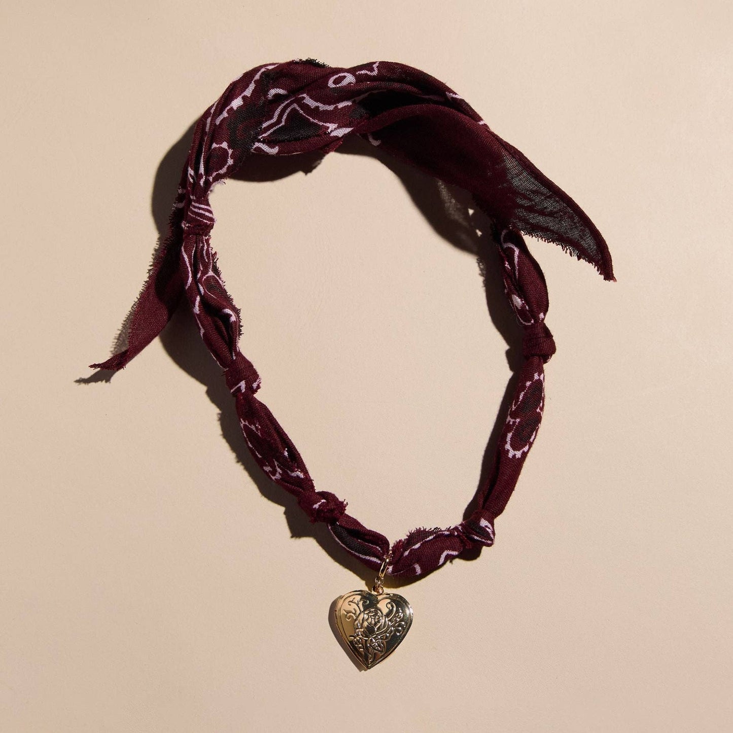 Burgundy Bandana Necklace: Clear Acrylic Heart Charm - Gold / Burgundy