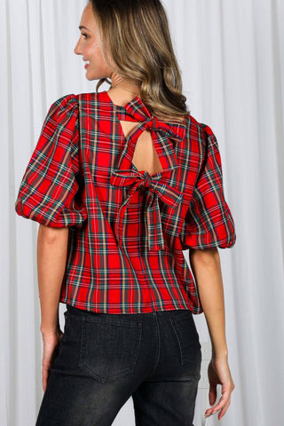 V-Back 2 Bow Accent Feminine Plaid Blouse Top VT82621A: Hunter Green / L