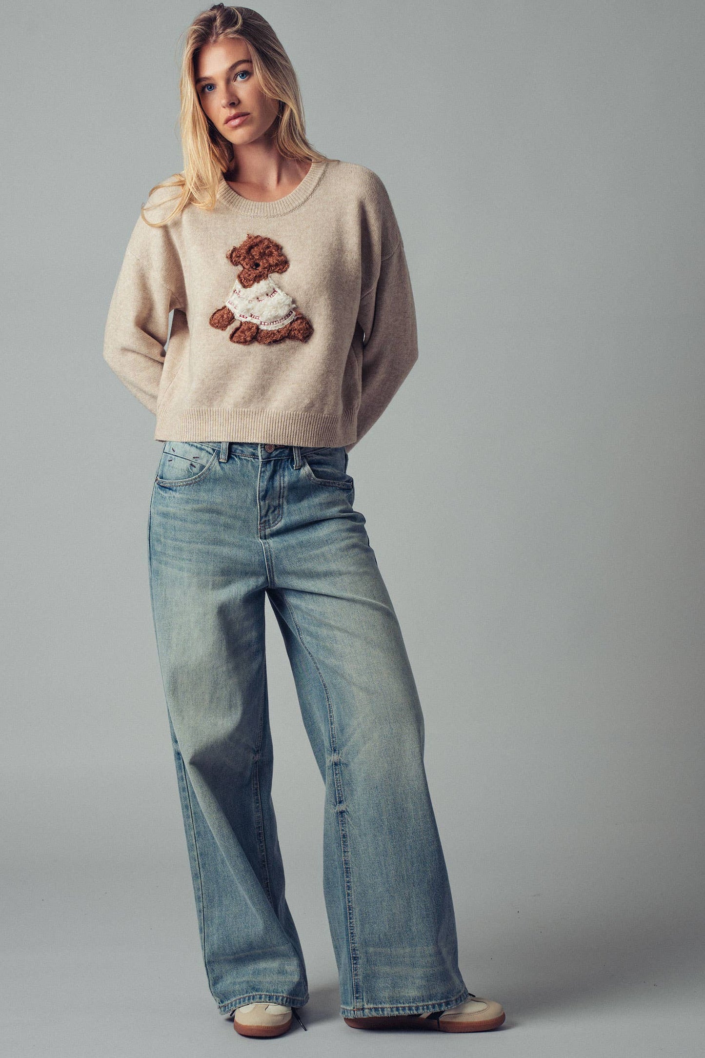 Whimsical Puppy Applique Knit Sweater: NAVY / S/M-3:M/L-3