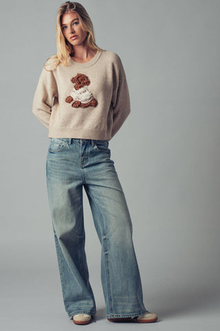 Whimsical Puppy Applique Knit Sweater: NAVY / S/M-3:M/L-3