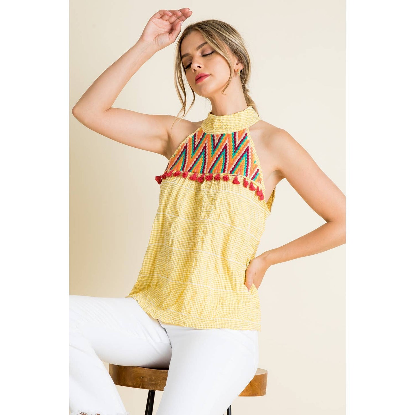 Embroidered Gingham Print Halter Top: YELLOW