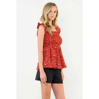 Game Day Red Smocked Ruffle Sleeve Top: RED