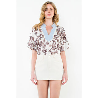 Puff Sleeve Floral Contrast Neck Blouse: CREAM