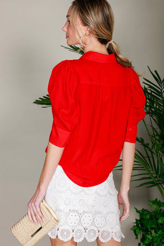 Collared Neckline Puff Short-Sleeve Blouse Top VT81707C: Taupe / L
