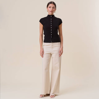 AT3135 Button mockneck short sleeve knit top: BLACK / L
