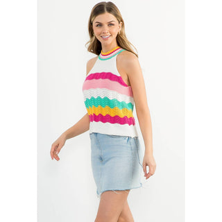 Cream Sleeveless Halter Knit Top with Color Stripe Detail: CREAM