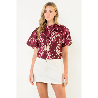 Short Sleeve Print Tie Tassel Top: PURPLE / XS-S-M-L(1-2-2-1)