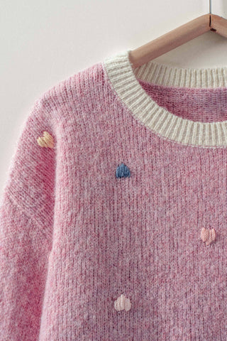Embroidered Heart Colorblock Knit Sweater