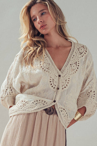 Floral Embroidered Lace Button Front Top: NATURAL