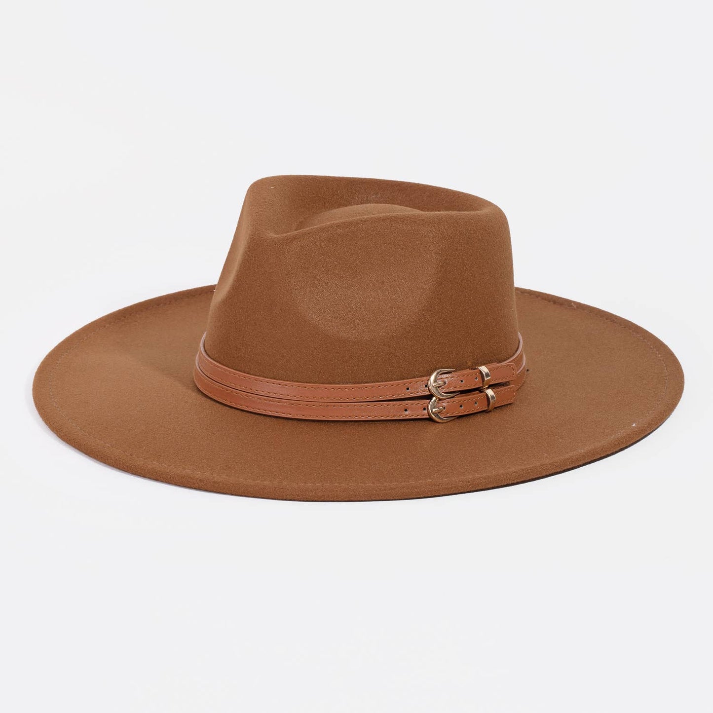 Double Belt Strap Fedora Fashion Hat: Brown