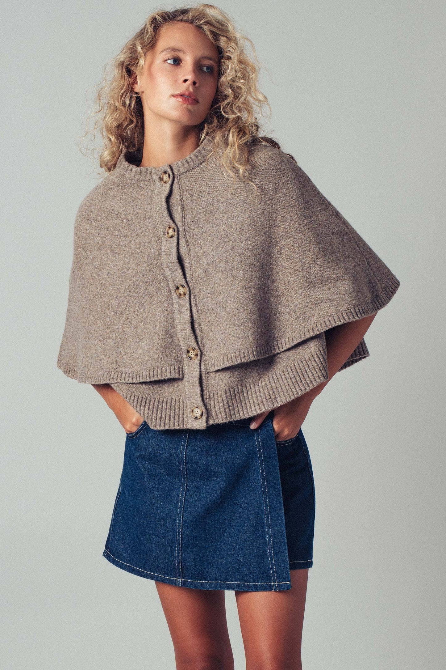 Chloe Button-Front Sweater Cape: CHARCOAL