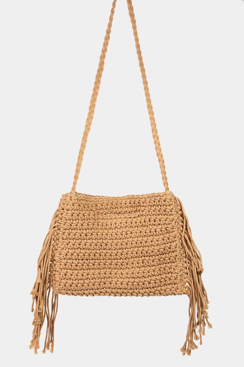 Straw Braided Fringe Bag: Kkaki