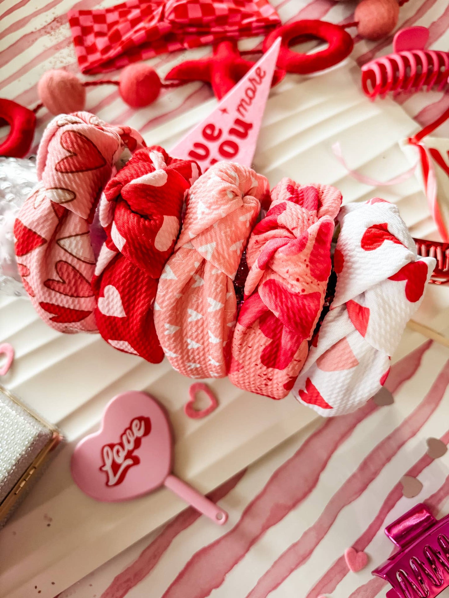 Heart Eyes Structured Headband • White Mini Hearts on Pink