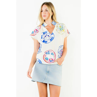 Lightweight Sleeveless Printed Top: CREAM / XS-S-M-L(1-2-2-1)