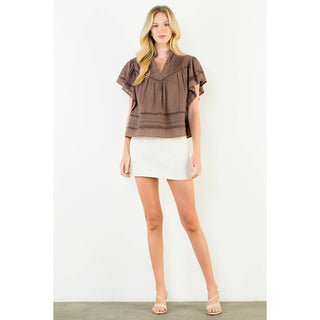 V Neck Fluttered Cut Out Top: OLIVE / XS-S-M-L(1-2-2-1)