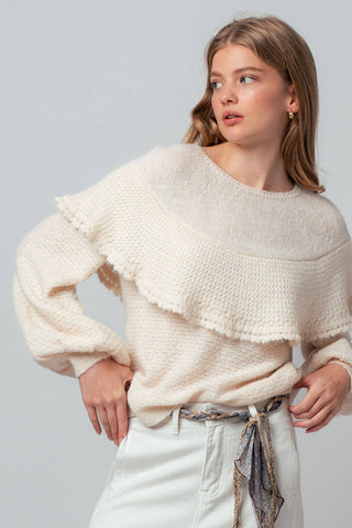 Ruffle Yoke Blouson Sleeve Knit Sweater: NATURAL / S-M-L:2-2-2