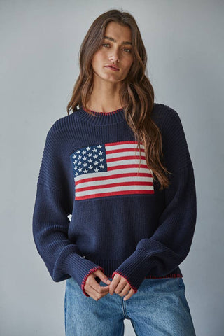 W2411 | Knit Sweater Crew American Flag Pullover: Off White / S