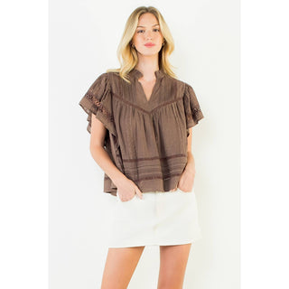 V Neck Fluttered Cut Out Top: OLIVE / XS-S-M-L(1-2-2-1)