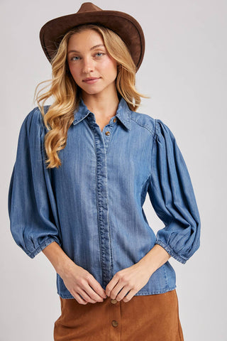 DENIM BUTTON DOWN PUFF SLEEVED SHIRT: LT.WASH / M