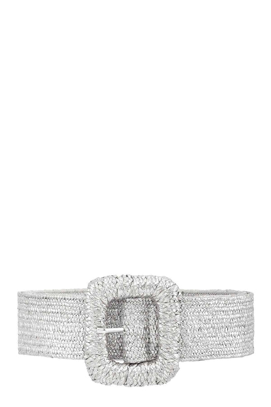 Square Buckle Metallic Women's Straw Belt: Silver